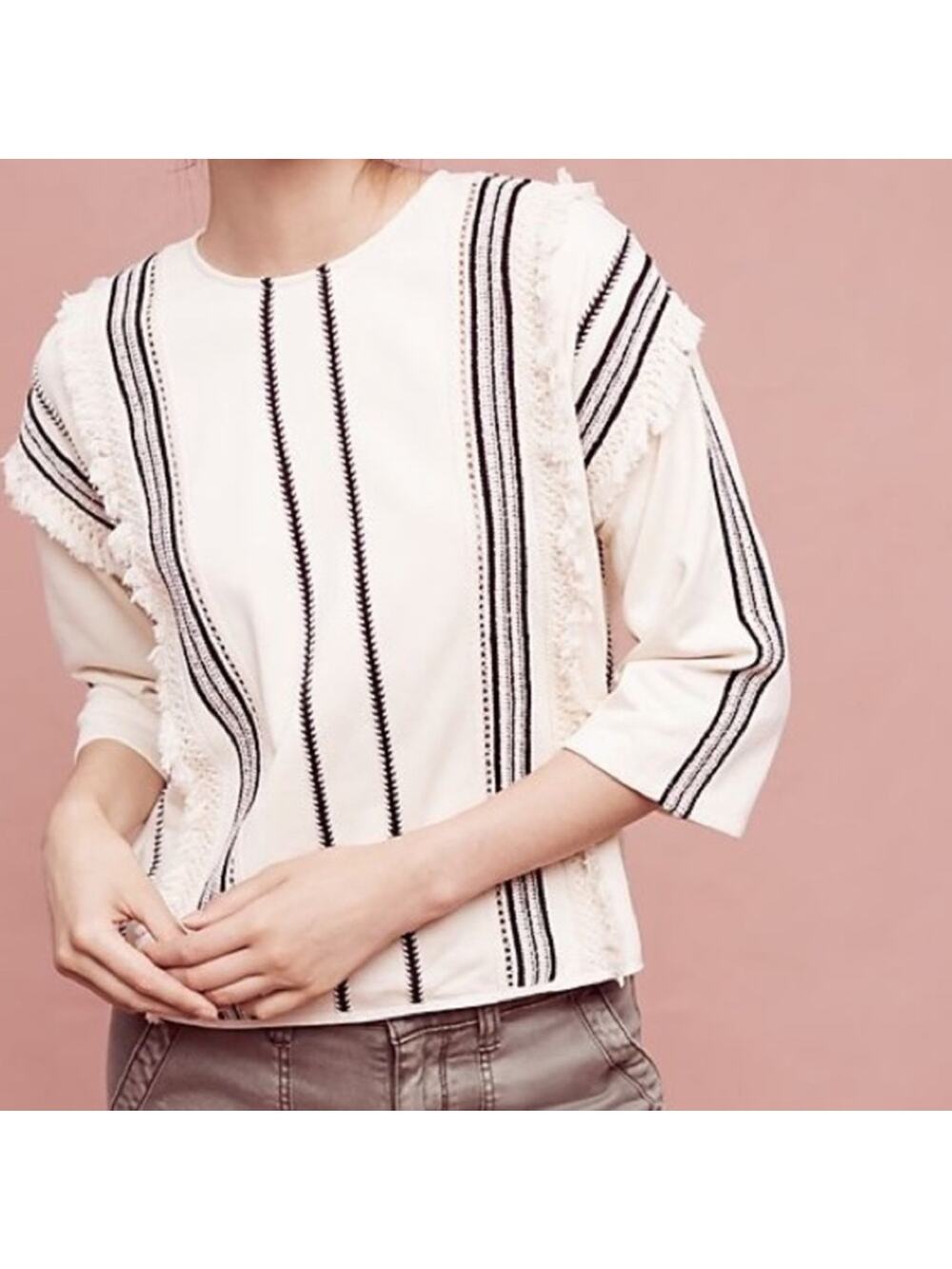 Anthro Eri + Ali Macrame Boho Natural Neutral Beige Tassel Long Sleeve Top XS